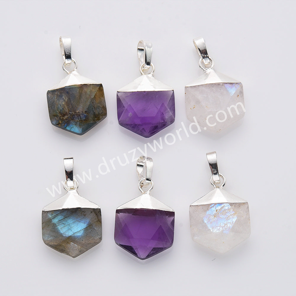Silver Plated Hexagon Moonstone Labradorite Amethyst Faceted Pendant S2072