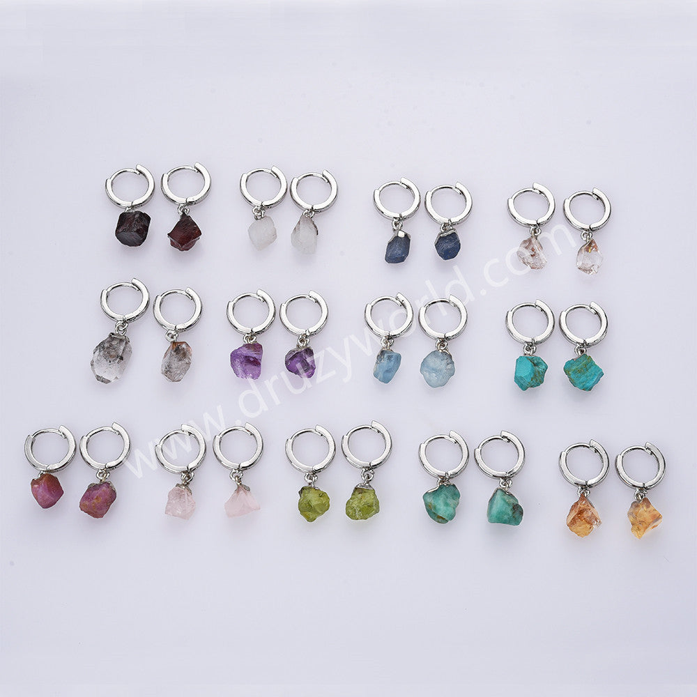 Silver Plated Birthstone Hoop Earrings, Raw Gemstone Earrings, Boho Jewelry S2103