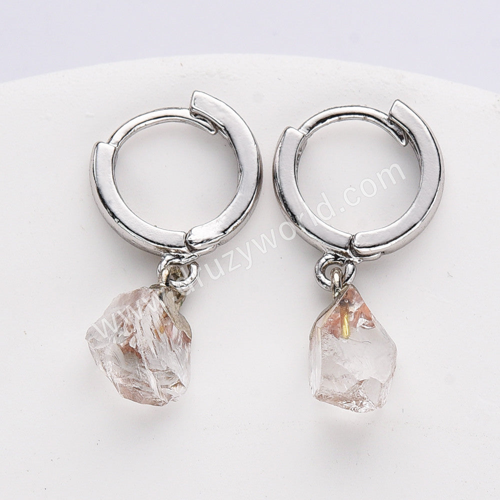Silver Plated Small Hoop Raw Birthstones Dangle Earrings Healing Gemstone Jewelry For Women S2103