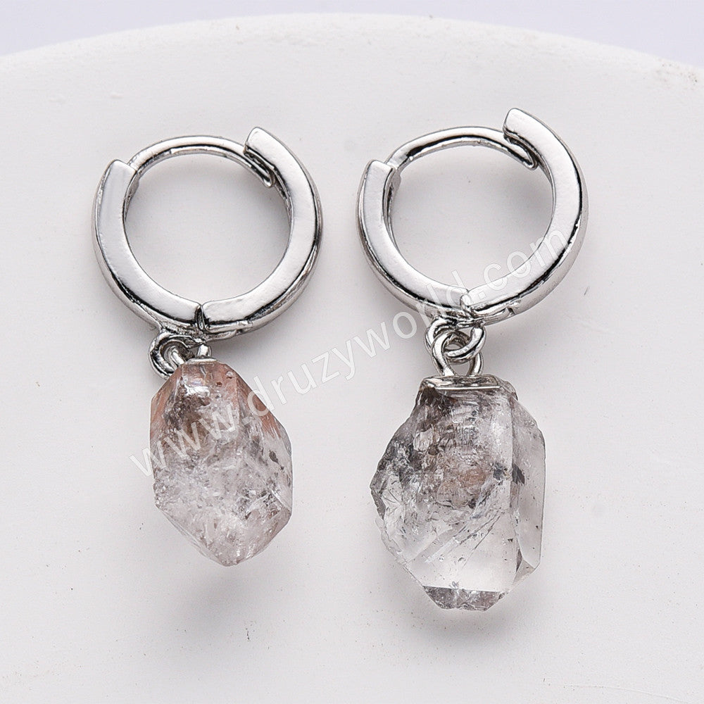 Silver Plated Small Hoop Raw Birthstones Dangle Earrings Healing Gemstone Jewelry For Women S2103
