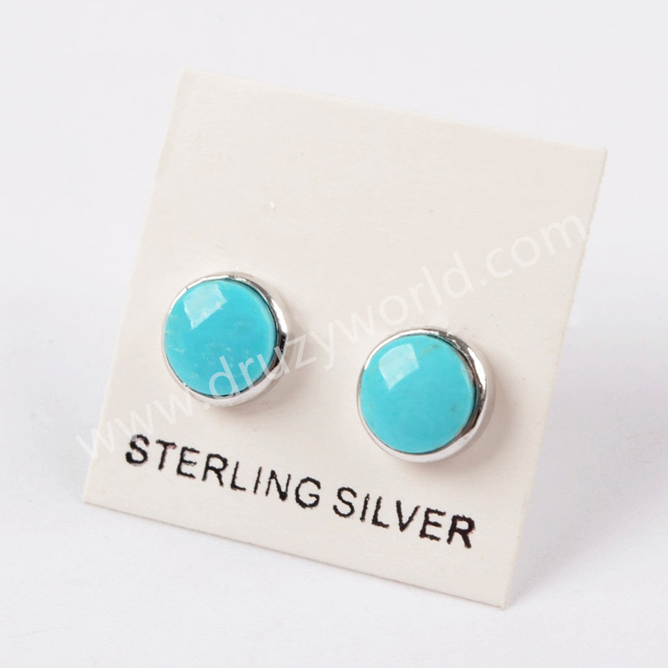 925 Sterling Silver Round 6mm Natural Turquoise Stud Earrings SS186