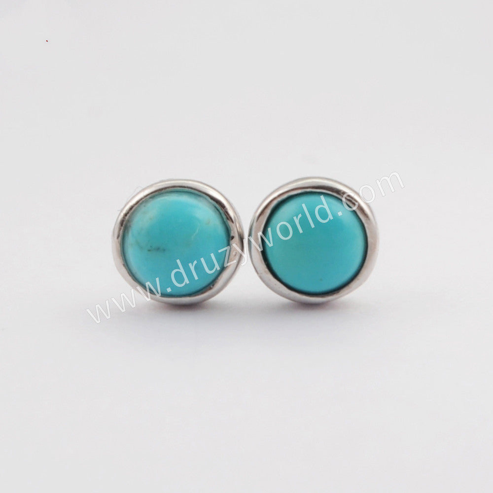 925 Sterling Silver Round 6mm Natural Turquoise Stud Earrings SS186