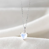 15.5" Dainty CZ Moonstone Crystal Heart Necklace, Gemstone Birthstone 925 Sterling Silver Jewelry Necklace For Women SS255