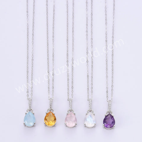 Dainty 925 Silver Drop CZ Gemstone Pendant Necklace, Natural Crystal Necklace For Women SS256NS