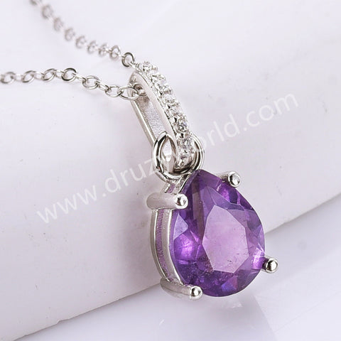 Dainty 925 Silver Drop CZ Gemstone Pendant Necklace, Natural Crystal Necklace For Women SS256NS