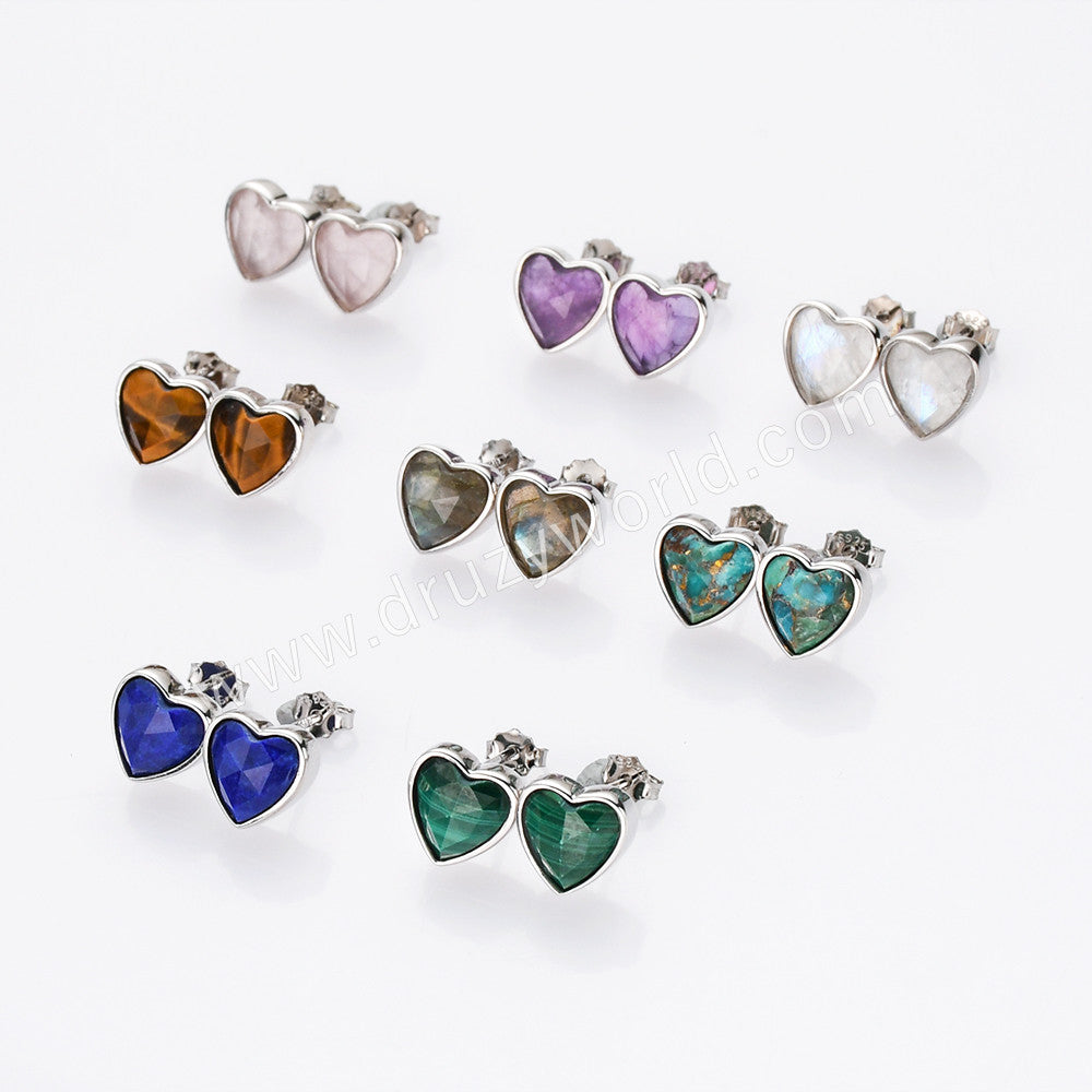 S925 Sterling Silver Bezel Heart Faceted Gemstone Stud Earrings, Birthstone Crystal Jewelry SS261