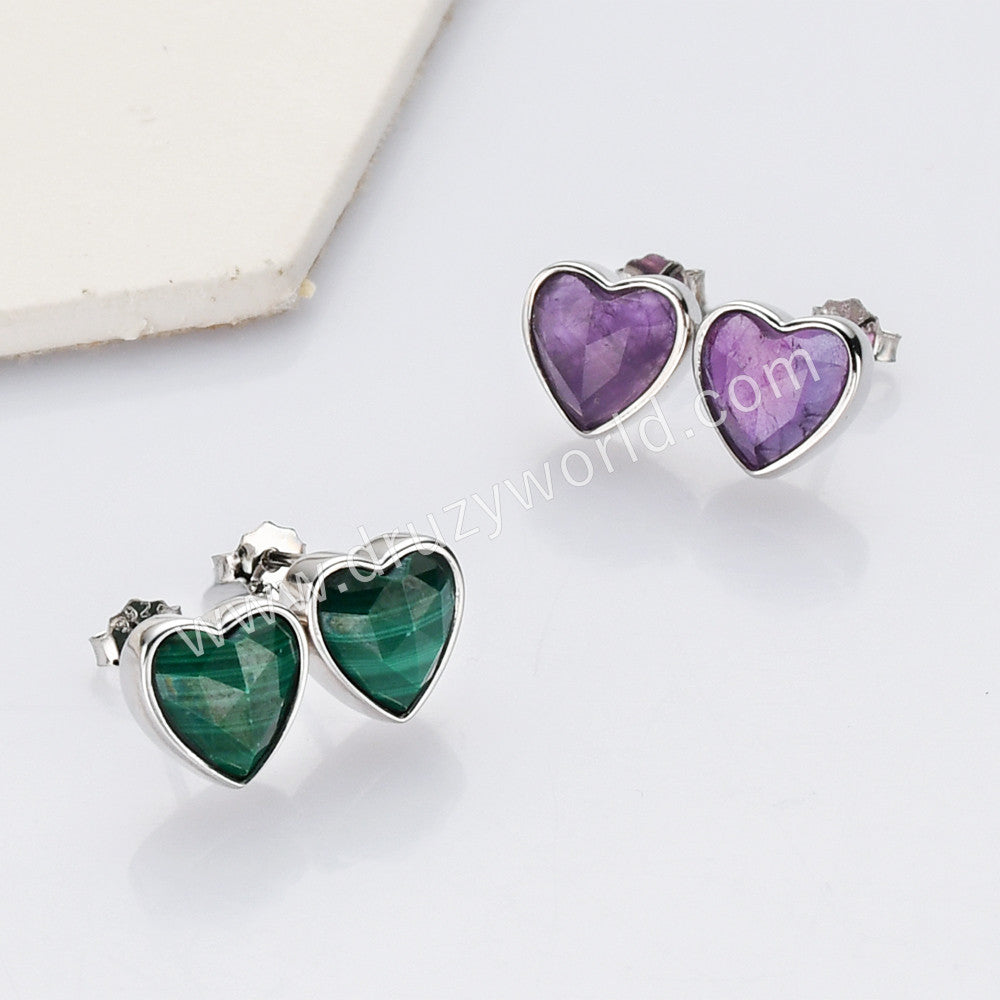 S925 Sterling Silver Bezel Heart Faceted Gemstone Stud Earrings, Birthstone Crystal Jewelry SS261