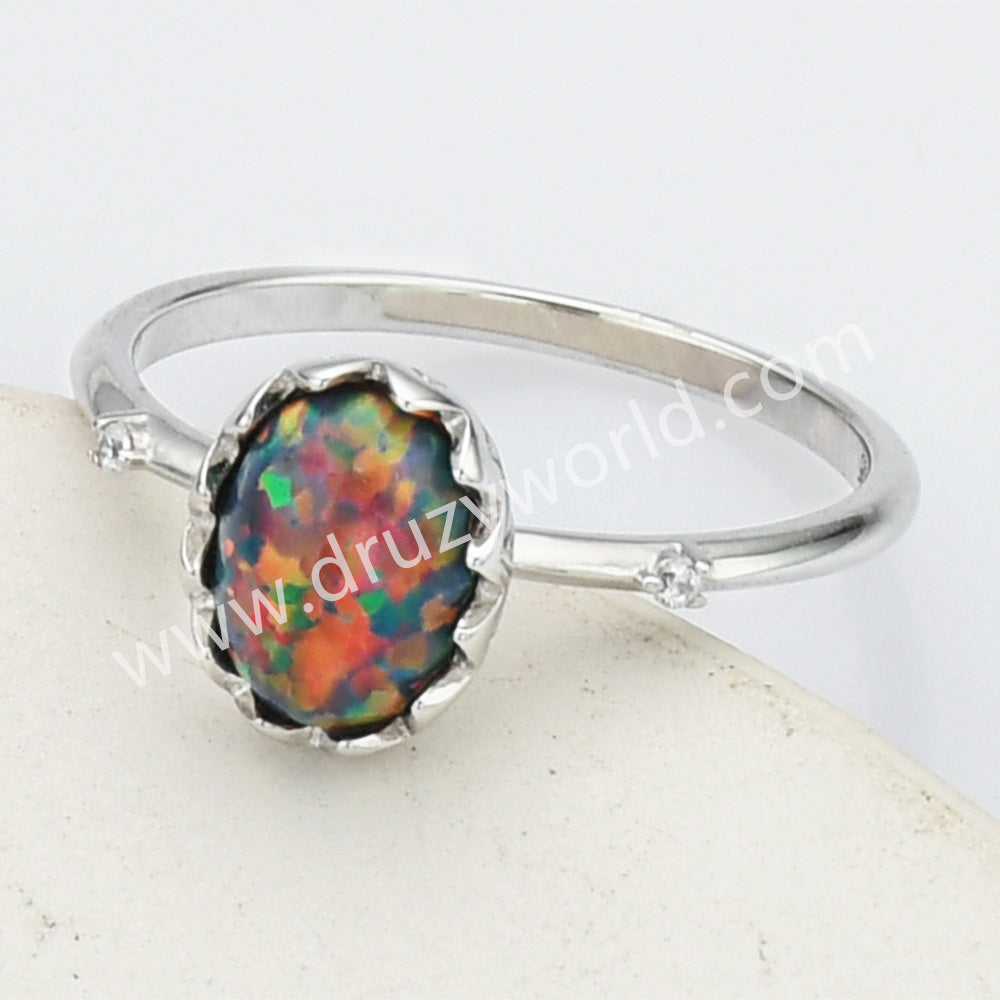 S925 Sterling Silver Oval Black Opal Ring, CZ Pave Fashion Jewelry SS273-5