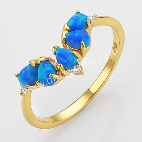 925 Sterling Silver Gold Plated Multi Teardrop Blue Opal CZ Ring SS274-1