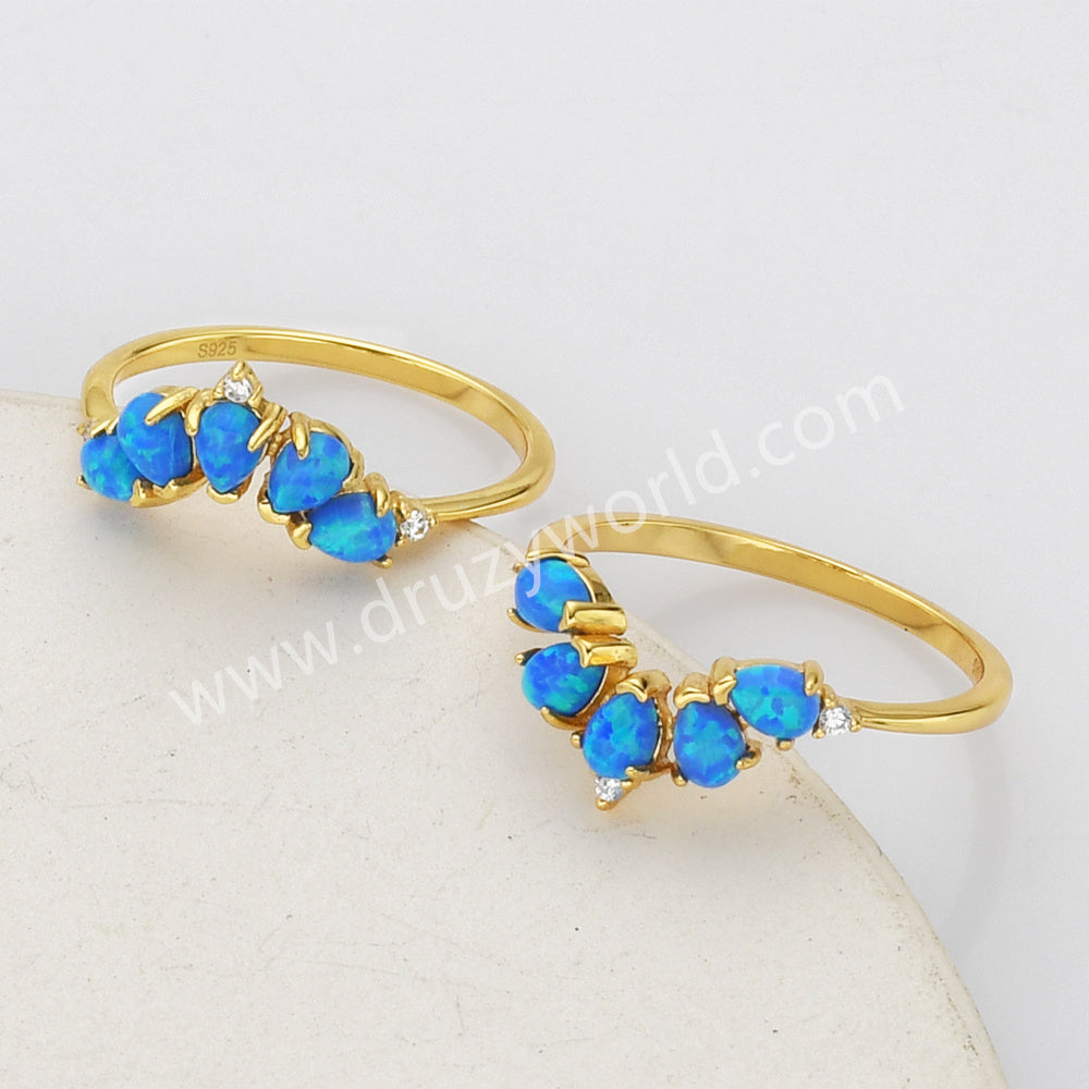 925 Sterling Silver Gold Plated Multi Teardrop Blue Opal CZ Ring SS274-1