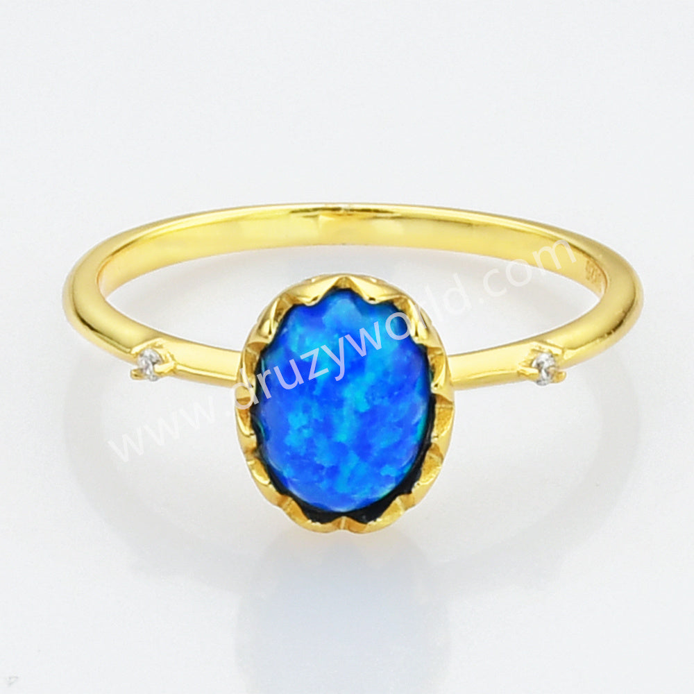 925 Sterling Silver Oval Blue Opal CZ Ring in Gold Plated SS274-2