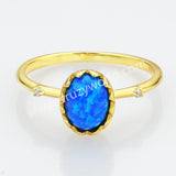 925 Sterling Silver Oval Blue Opal CZ Ring in Gold Plated SS274-2