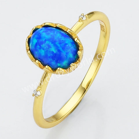 925 Sterling Silver Oval Blue Opal CZ Ring in Gold Plated SS274-2