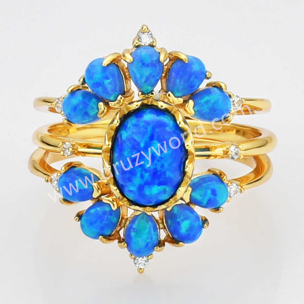3 Piece Set of 925 Sterling Silver 18K Gold Blue Opal Layer Ring SS274-3