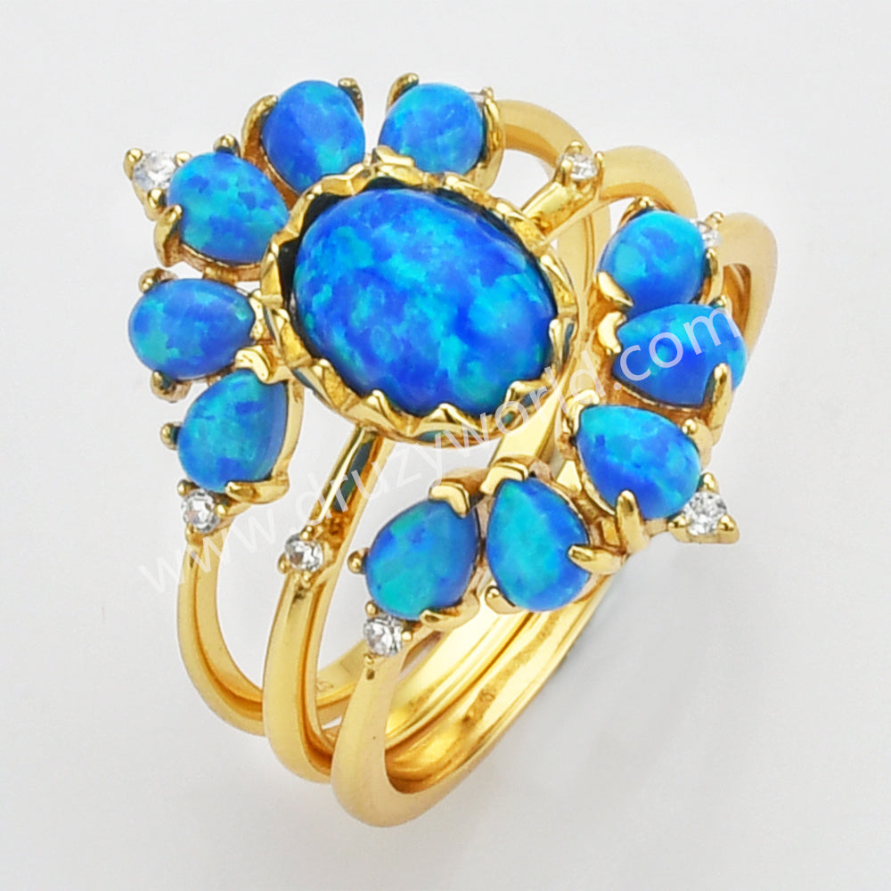 3 Piece Set of 925 Sterling Silver 18K Gold Blue Opal Layer Ring SS274-3