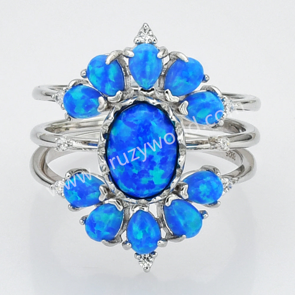 925 Sterling Silver Blue Opal Three Piece Set Ring SS274-6