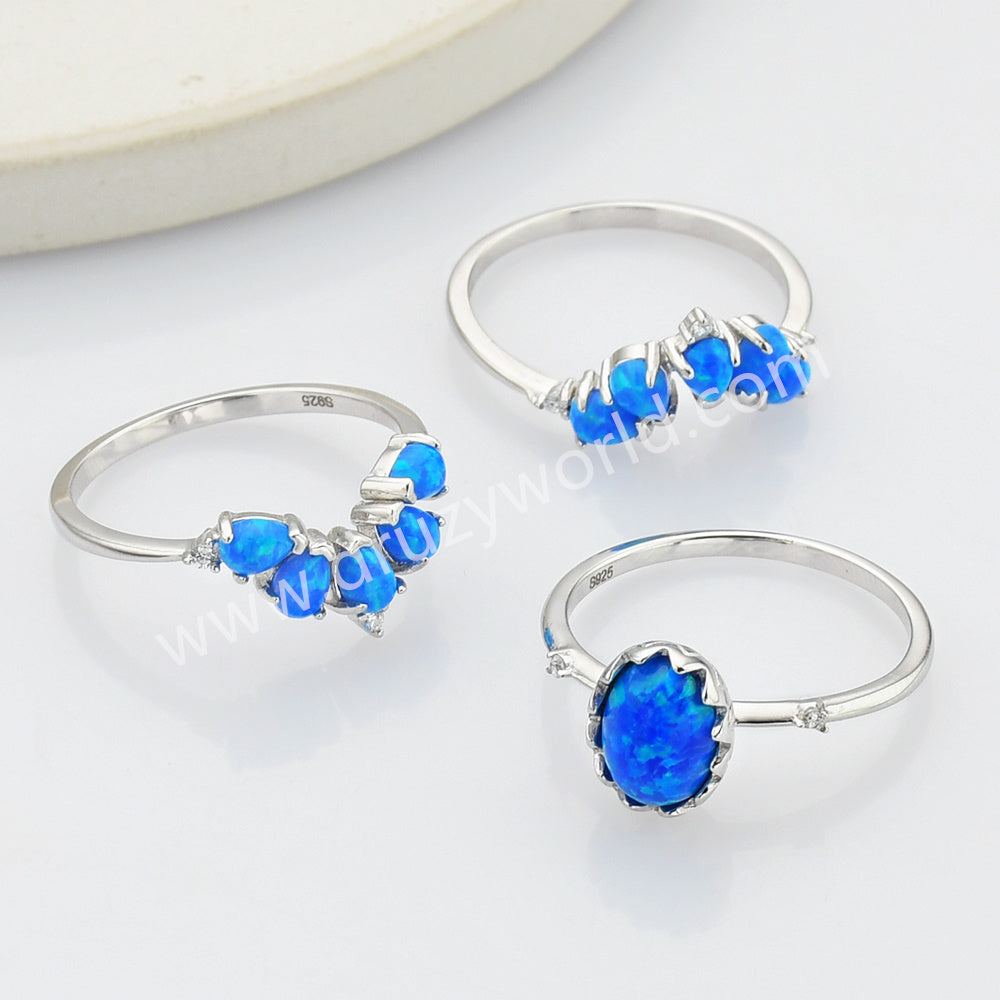 925 Sterling Silver Blue Opal Three Piece Set Ring SS274-6