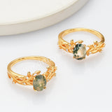 925 Sterling Silver Gold Plated White CZ Leaf Oval Moss Agate Ring SS278-1