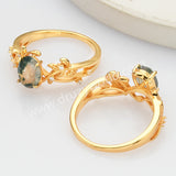 925 Sterling Silver Gold Plated White CZ Leaf Oval Moss Agate Ring SS278-1