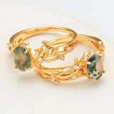 925 Sterling Silver Gold Plated White CZ Leaf Oval Moss Agate Ring SS278-1