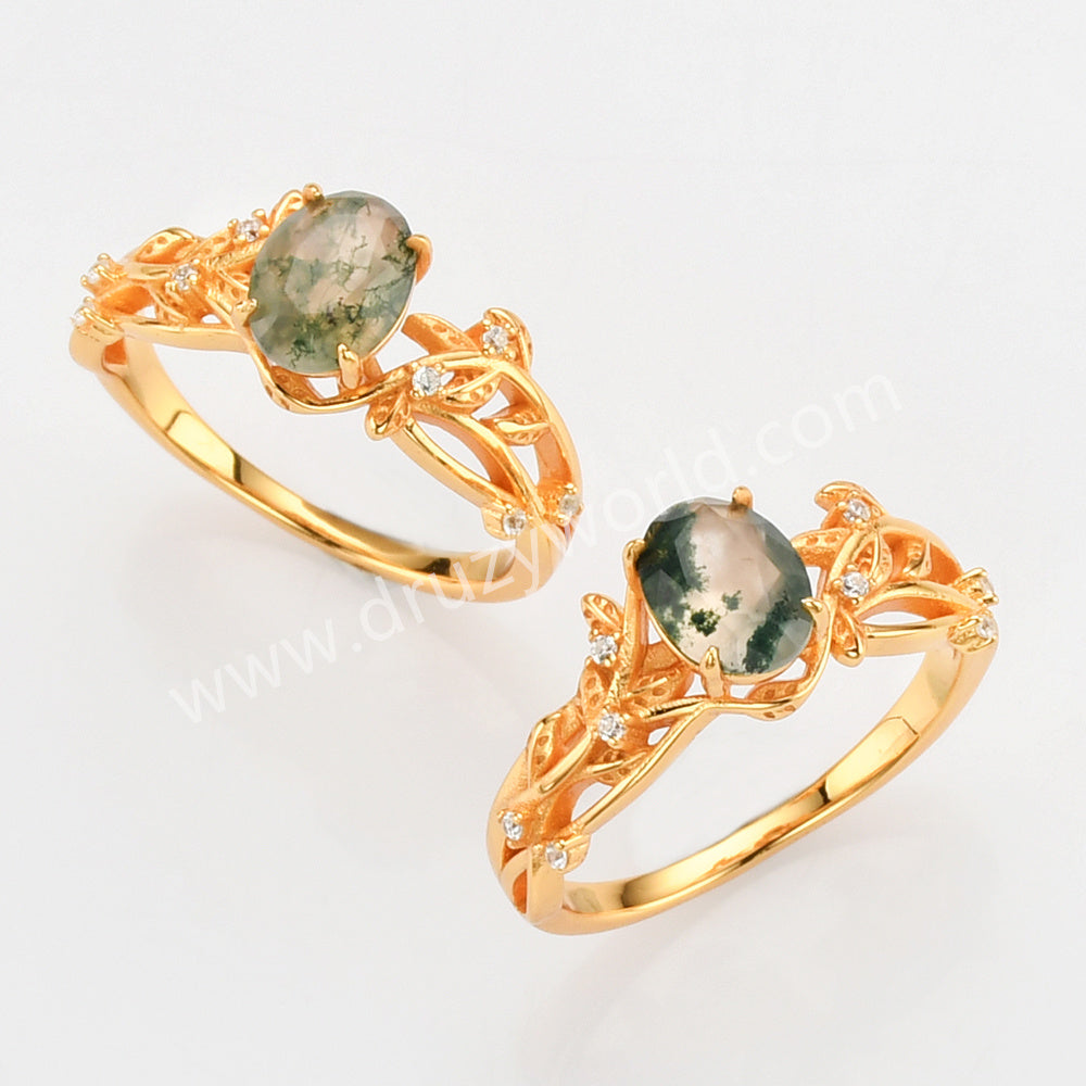 925 Sterling Silver Gold Plated White CZ Leaf Oval Moss Agate Ring SS278-1