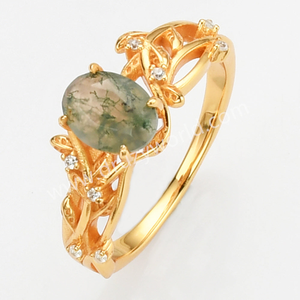 925 Sterling Silver Gold Plated White CZ Leaf Oval Moss Agate Ring SS278-1