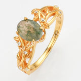 925 Sterling Silver Gold Plated White CZ Leaf Oval Moss Agate Ring SS278-1