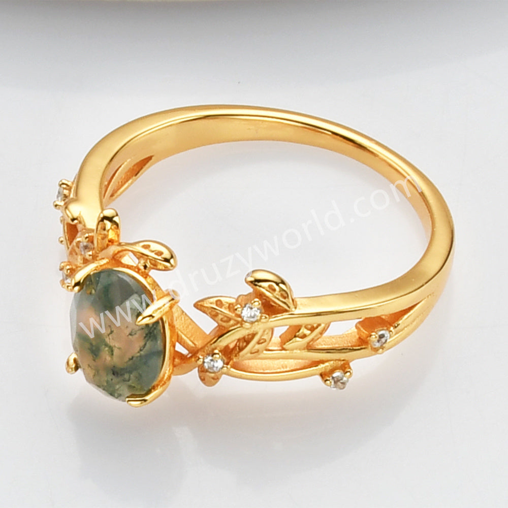 925 Sterling Silver Gold Plated White CZ Leaf Oval Moss Agate Ring SS278-1