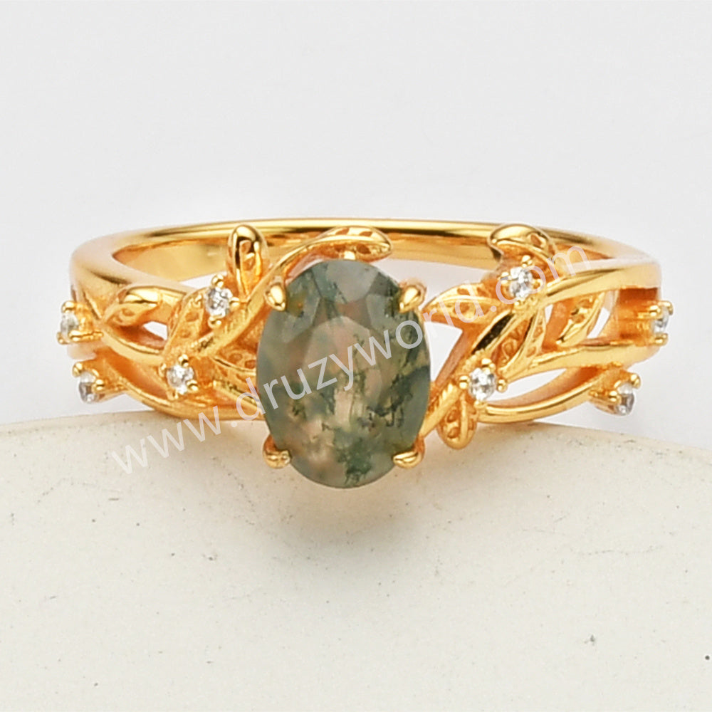 925 Sterling Silver Gold Plated White CZ Leaf Oval Moss Agate Ring SS278-1