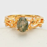 925 Sterling Silver Gold Plated White CZ Leaf Oval Moss Agate Ring SS278-1