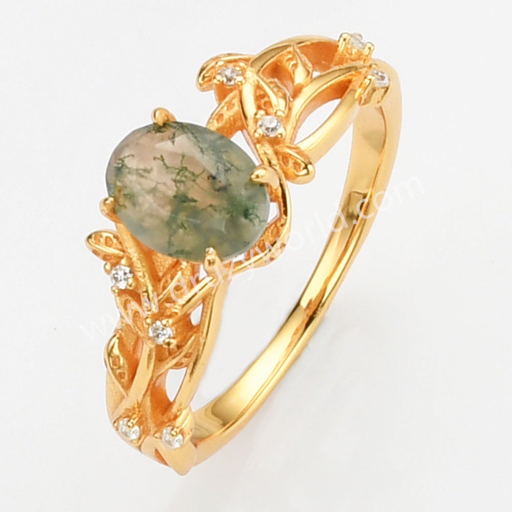 2 Pcs/Set of 925 Sterling Silver Gold Plated White CZ Leaf Oval Moss Agate Rings SS278-2