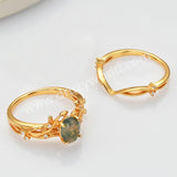 2 Pcs/Set of 925 Sterling Silver Gold Plated White CZ Leaf Oval Moss Agate Rings SS278-2