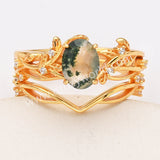 2 Pcs/Set of 925 Sterling Silver Gold Plated White CZ Leaf Oval Moss Agate Rings SS278-2