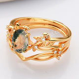 2 Pcs/Set of 925 Sterling Silver Gold Plated White CZ Leaf Oval Moss Agate Rings SS278-2