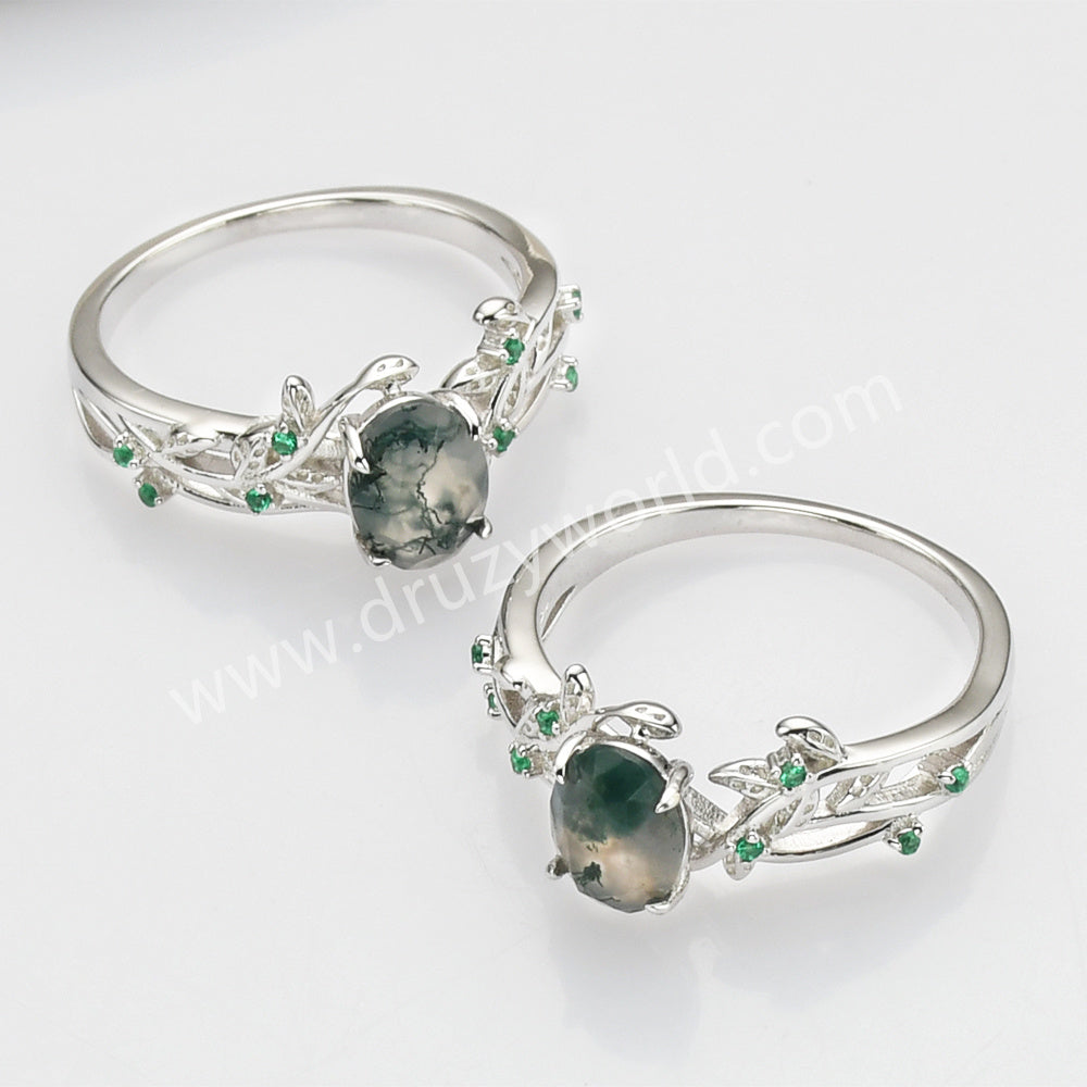 925 Sterling Silver Green CZ Leaf Oval Moss Agate Ring SS279-1