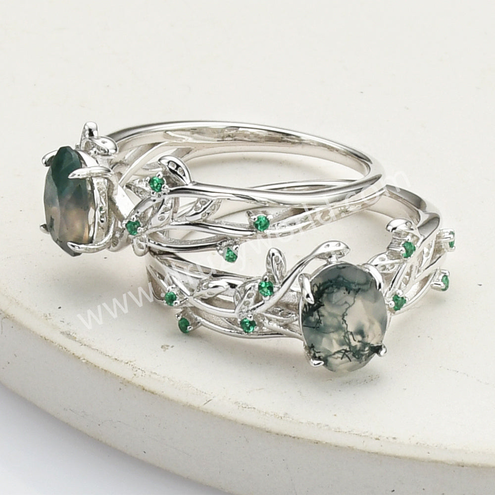 925 Sterling Silver Green CZ Leaf Oval Moss Agate Ring SS279-1