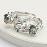 925 Sterling Silver Green CZ Leaf Oval Moss Agate Ring SS279-1