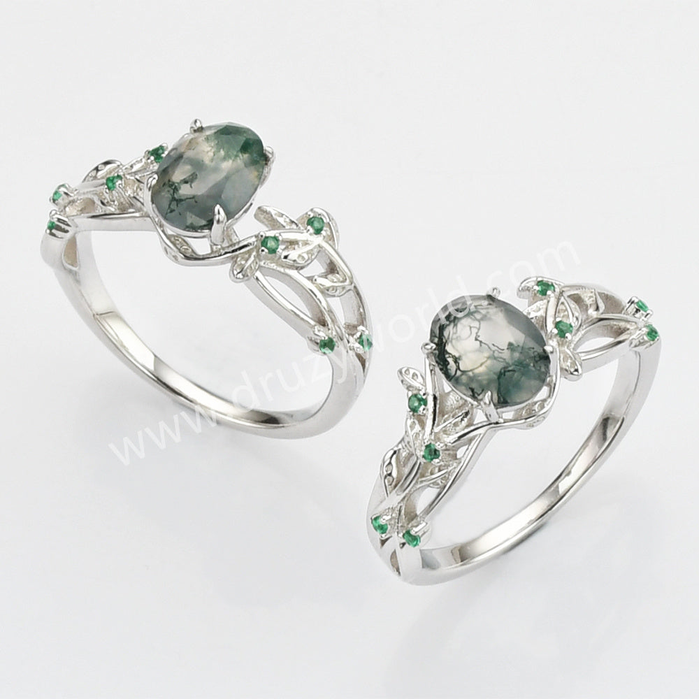 925 Sterling Silver Green CZ Leaf Oval Moss Agate Ring SS279-1