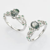 925 Sterling Silver Green CZ Leaf Oval Moss Agate Ring SS279-1