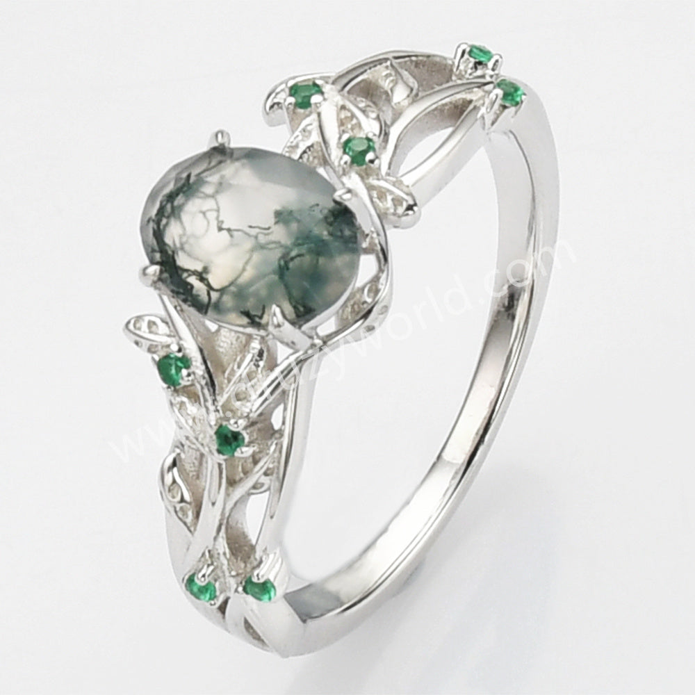 925 Sterling Silver Oval Moss Agate Green CZ Leaf Ring SS279-1