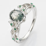 925 Sterling Silver Green CZ Leaf Oval Moss Agate Ring SS279-1