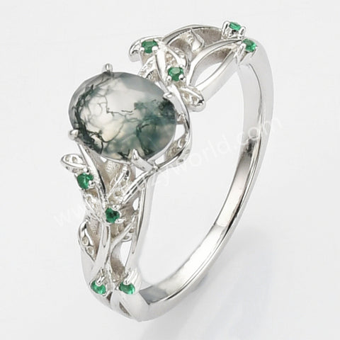 925 Sterling Silver Green CZ Leaf Oval Moss Agate Ring SS279-1