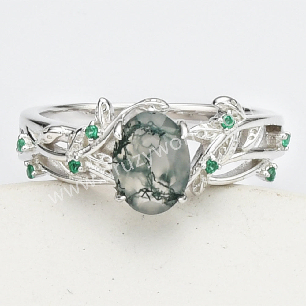 925 Sterling Silver Oval Moss Agate Green CZ Leaf Ring SS279-1