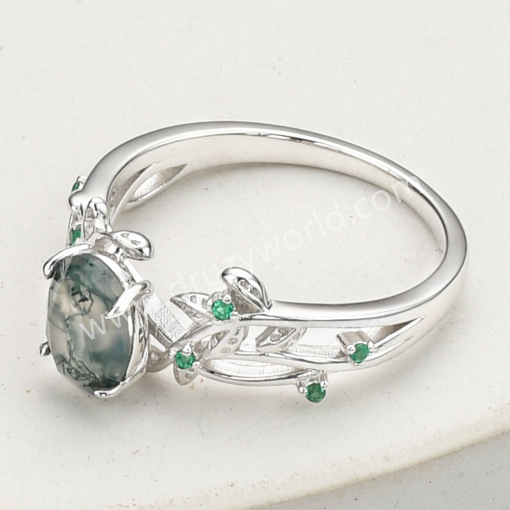 925 Sterling Silver Oval Moss Agate Green CZ Leaf Ring SS279-1