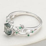 925 Sterling Silver Green CZ Leaf Oval Moss Agate Ring SS279-1