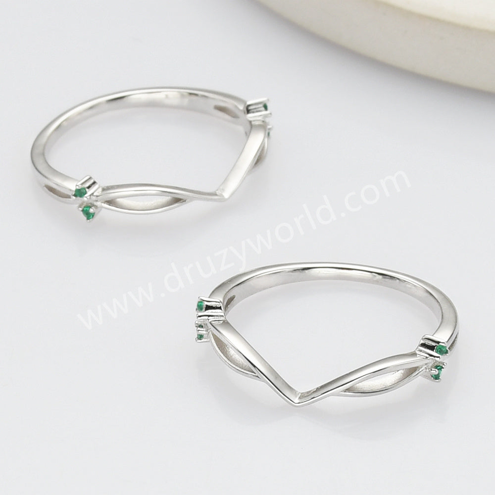 2 Pcs/Set of 925 Sterling Silver Oval Moss Agate Green CZ Leaf Rings SS279-2