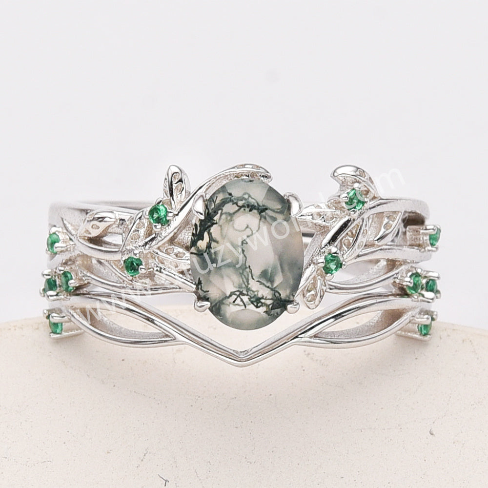 2 Pcs/Set of 925 Sterling Silver Oval Moss Agate Green CZ Leaf Rings SS279-2