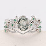 2 Pcs/Set of 925 Sterling Silver Green CZ Leaf Oval Moss Agate Rings SS279-2