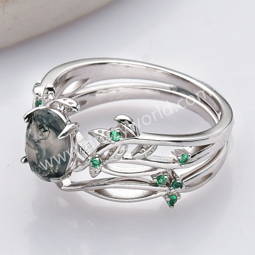 2 Pcs/Set of 925 Sterling Silver Oval Moss Agate Green CZ Leaf Rings SS279-2