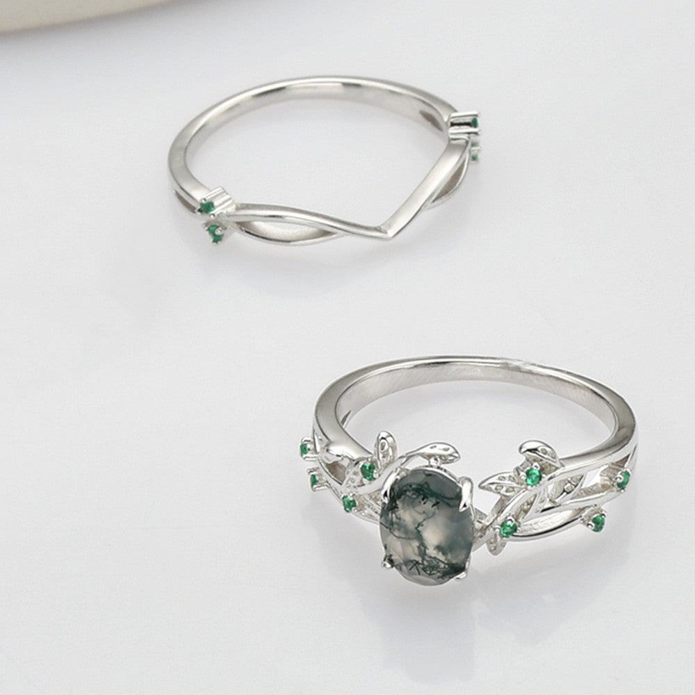 2 Pcs/Set of 925 Sterling Silver Oval Moss Agate Green CZ Leaf Rings SS279-2